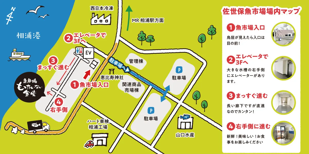 佐世保魚市場場内マップ：①魚市場入口（鳥居が見えたら入口は目の前）②エレベーターで3Fへ（大きな水槽の右手側）③まっすぐ進む ④右手側に進む